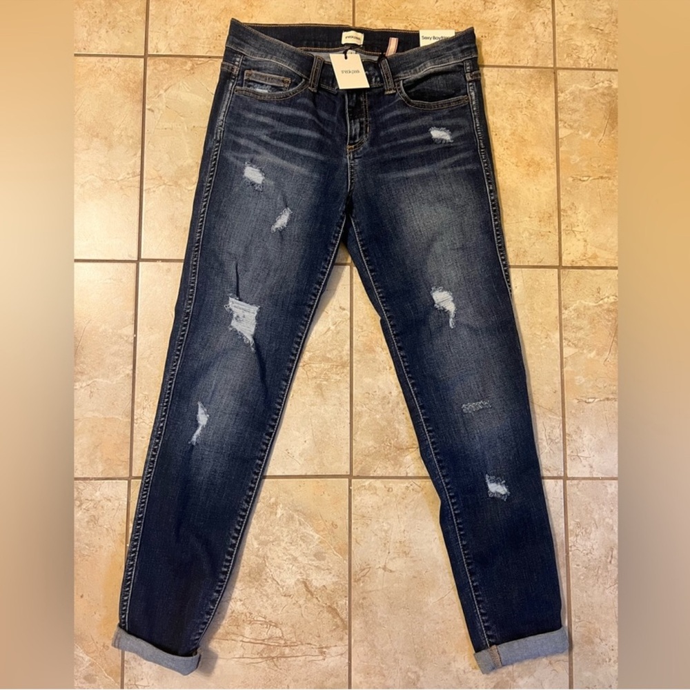 Sneak Peek Boyfriend Jeans | Distressed Dark Wash | Size 1